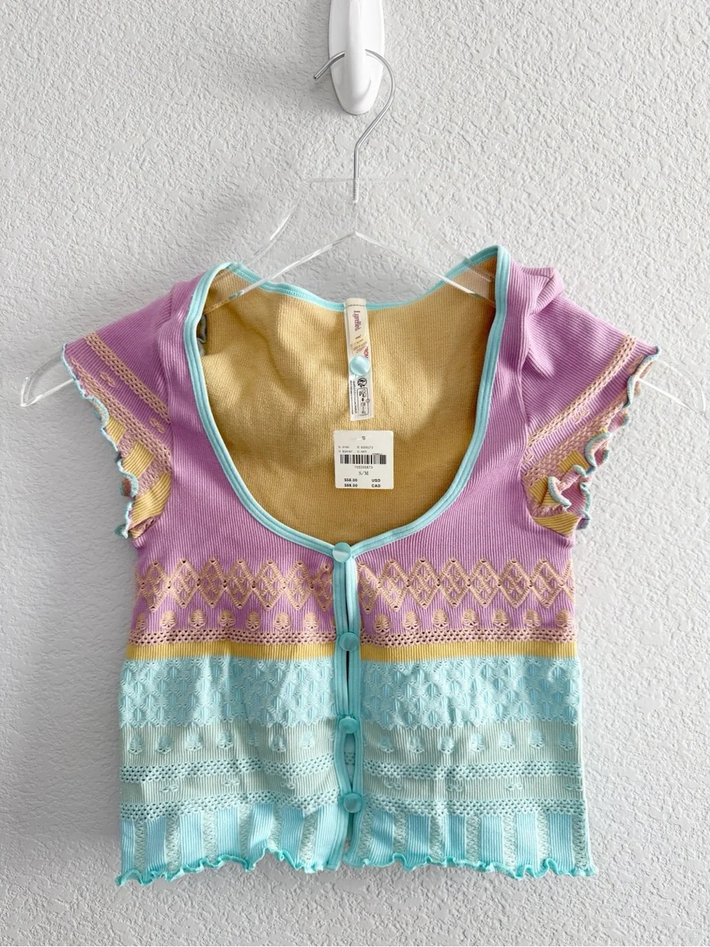 Anthropologie LyreBird Textured Seamless Crop Top in Blue and Pink S/M
